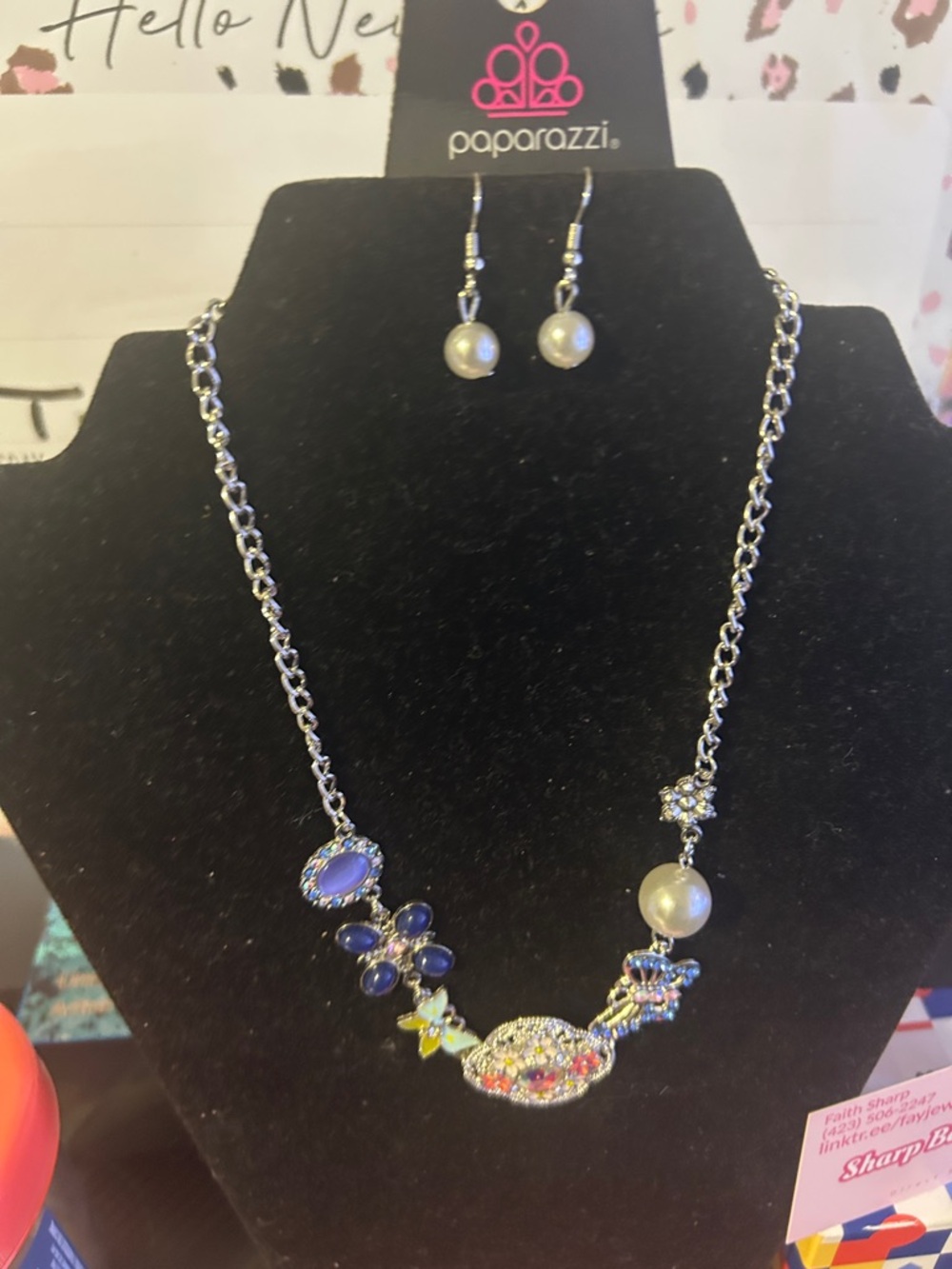 paparazzi Silver-tone Blue & Pearl Accent Floral Necklace Set